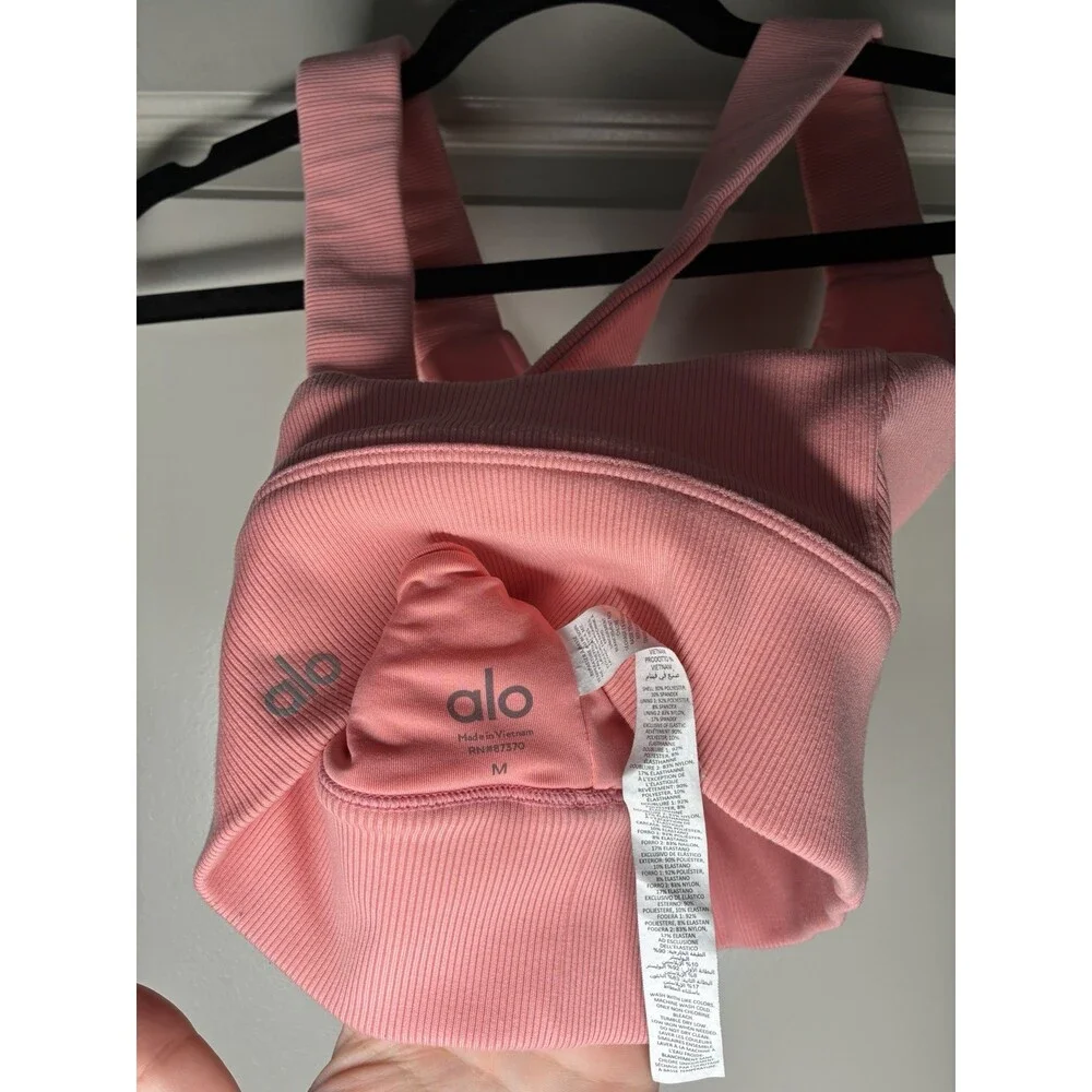 Alo Yoga Emulate Sports Bra in Strawberry Lemonade Size Medium Ribbed Crossback